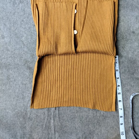 Women's Small Mustard Yellow Rib Knit Bodycon Button Up Dress with Slit - Picture 9 of 9